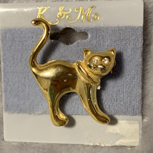 Cat Brooch‎ Gold Toned Crystal/Glass Eyes - Picture 2 of 4